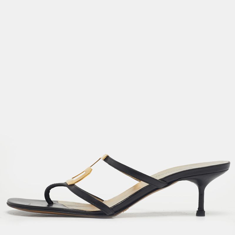 Dolce & Gabbana Black Leather Logo Plaque Thong Sandals Size 36